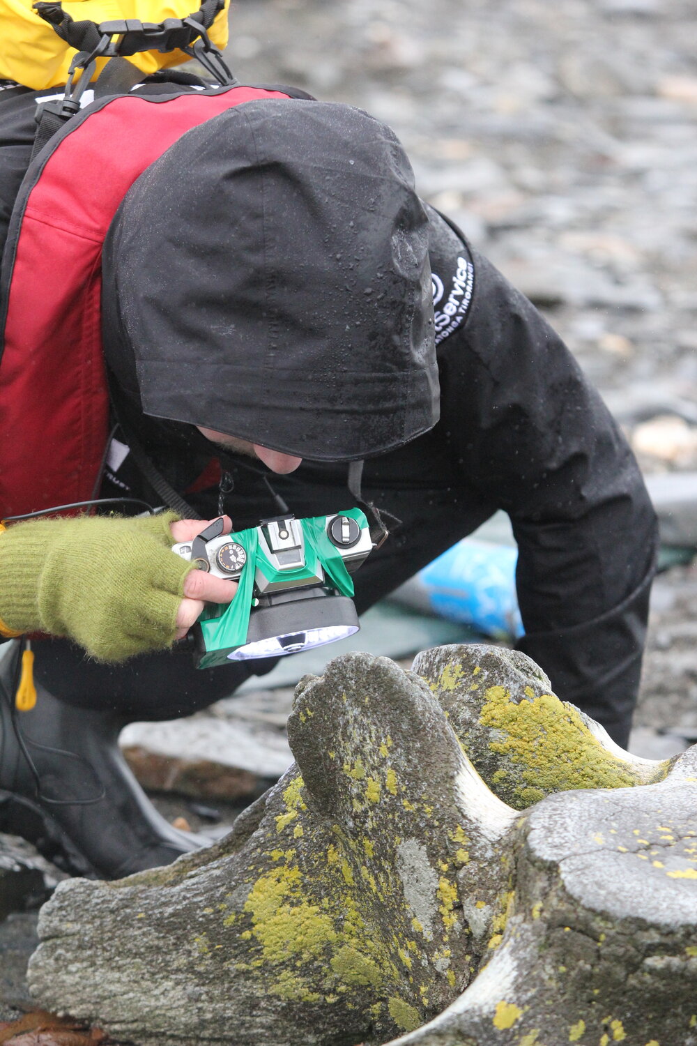Inspiring Explorer Peregrin Hyde photographing whale bones