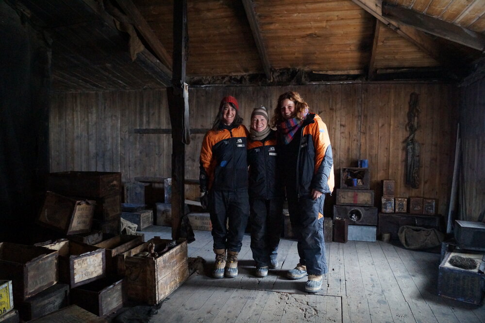 2014-15 AHT summer conservators inside Scott's 'Discovery' hut, Hut Point