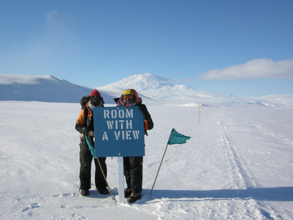 2014-15 AHT's Lizzie Meek and Annick Vuissoz at 'Room with a view' sign