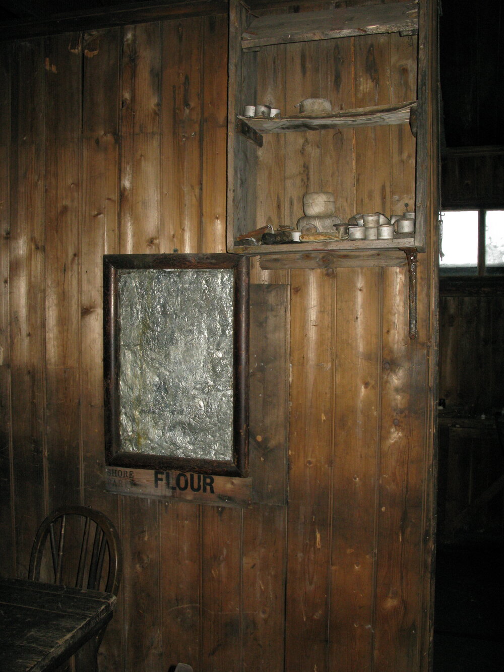 2010-11 Foil mirror in the Wardroom in Scott's 'Terra Nova' hut, Cape Evans
