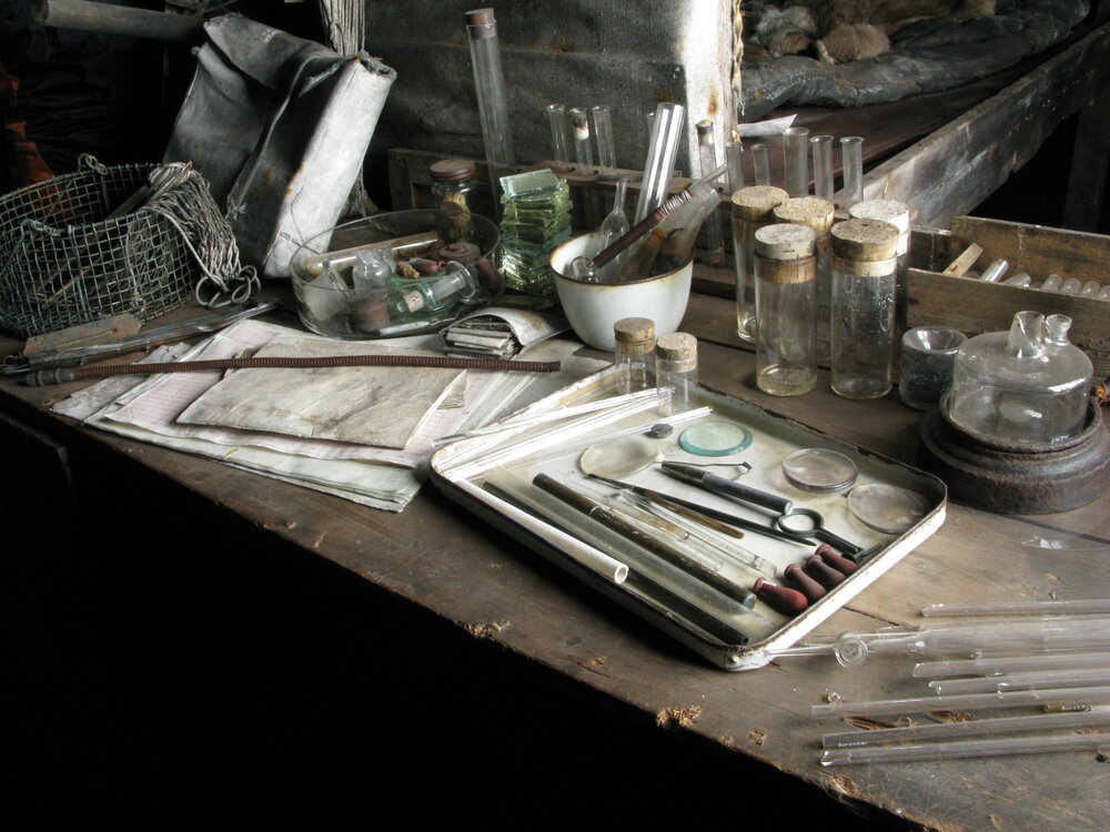 2010-11 Artefacts on the Biology desk inside Scott's 'Terra Nova' hut, Cape Evans (003)