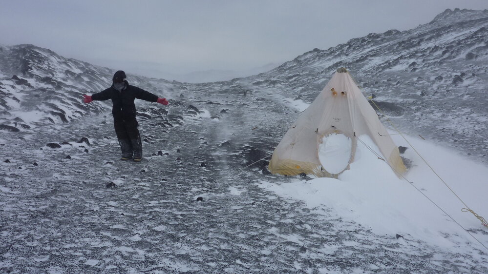 2010-11 Diana Komejan leans into the wind at the Cape Royds field camp