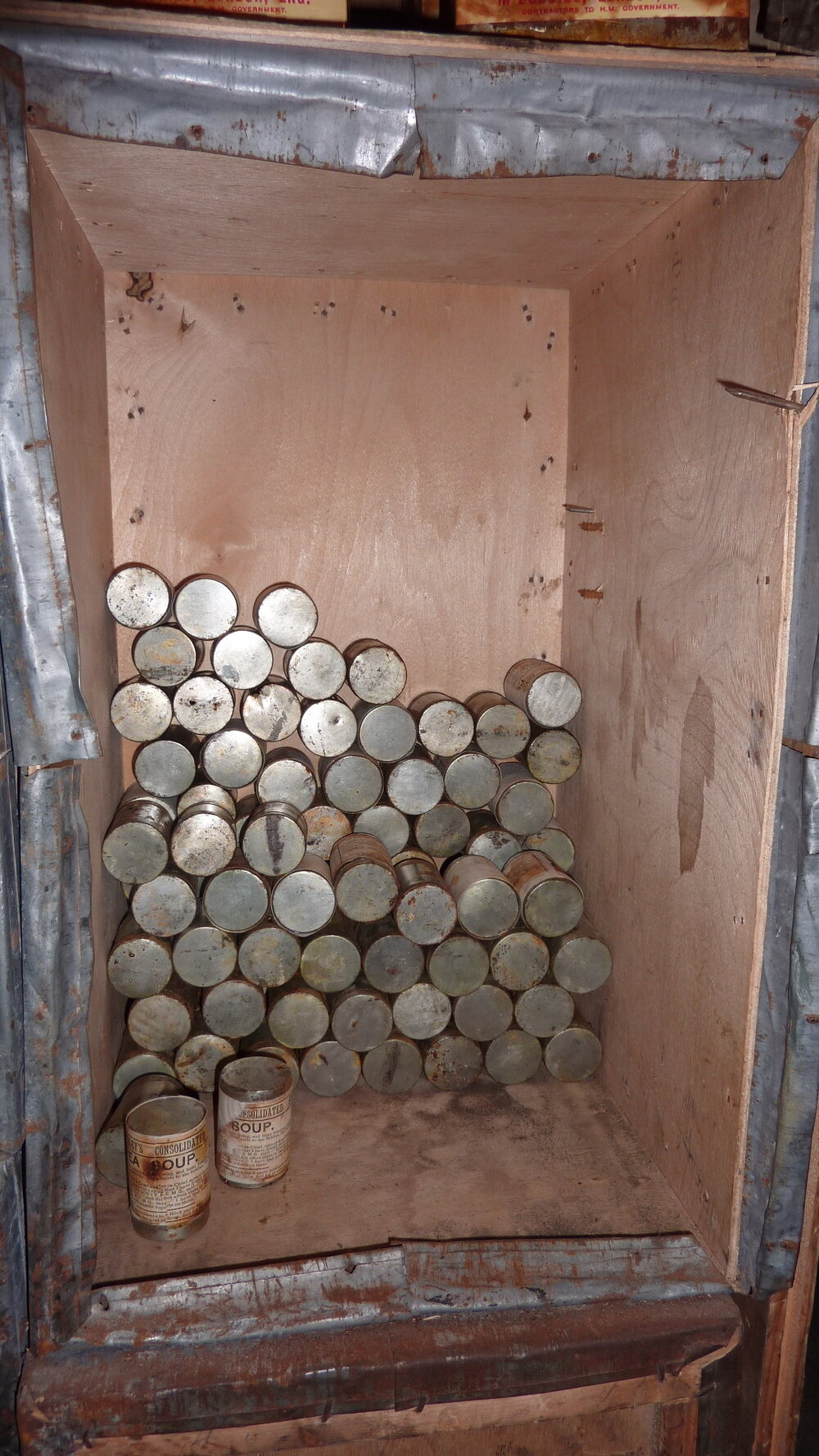 2010-11 Tins of consolidated pea soup inside Shackleton's 'Nimrod' hut