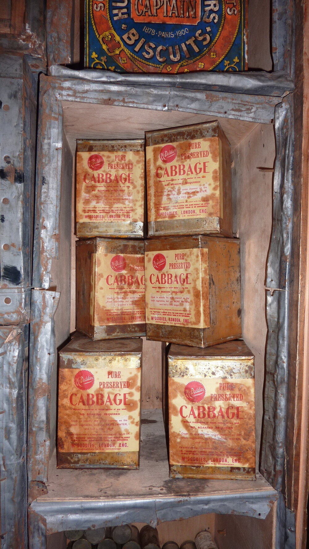 2010-11 Tins of preserved cabbage inside Shackleton's 'Nimrod ' hut