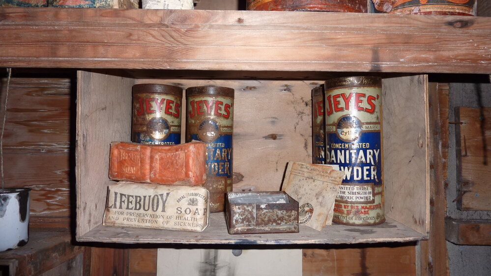 2010-11 Jeye's sanitary powder and soap inside Shackleton's 'Nimrod' hut