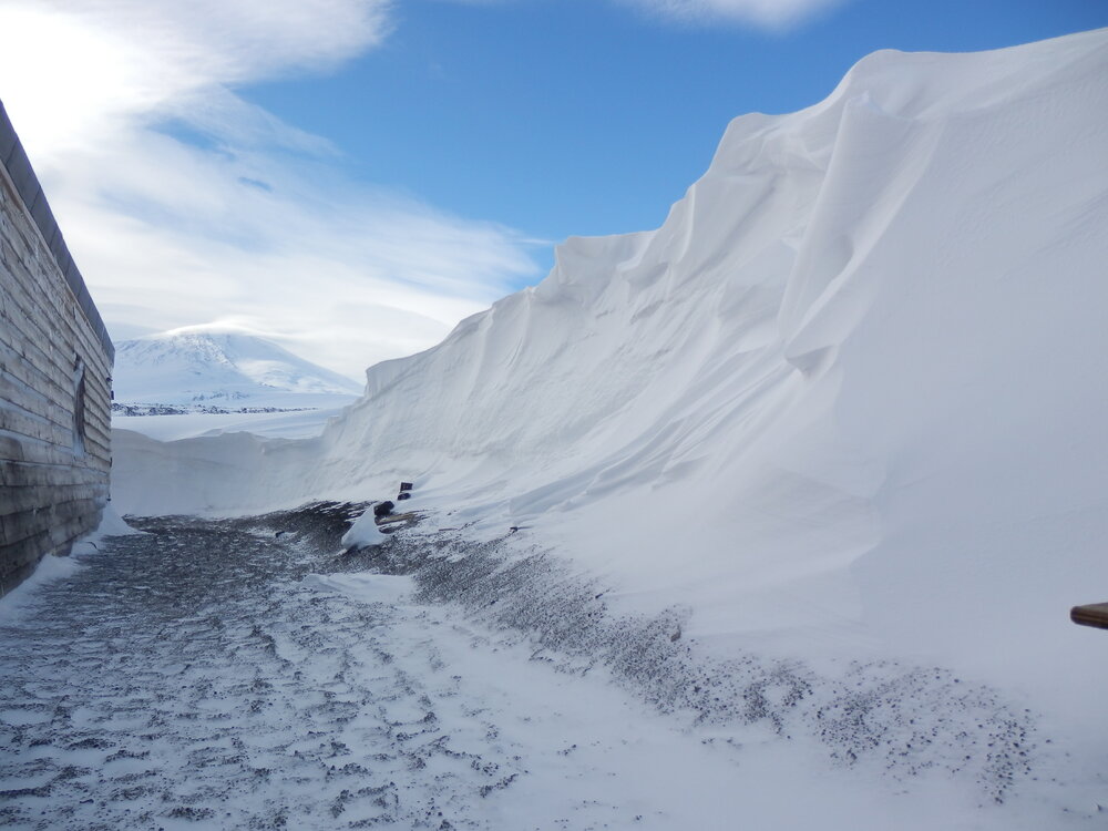 South side of Scott's 'Terra Nova' hut and snow wall