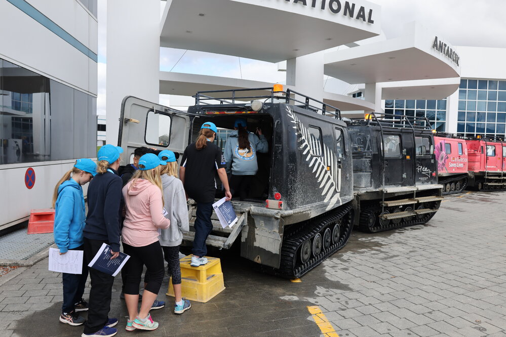 Young Inspiring Explorers ride in H&auml;gglunds at the International Antarctic Centre (001)