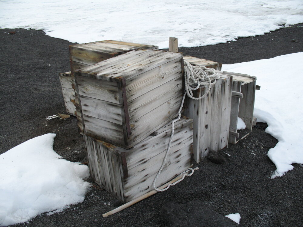 Fuel cache and rope at Cape Evans
