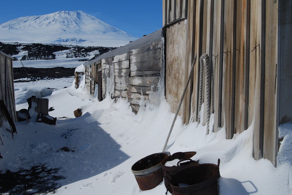 Snow and ice build-up on north wall of Scott's 'Terra Nova' hut