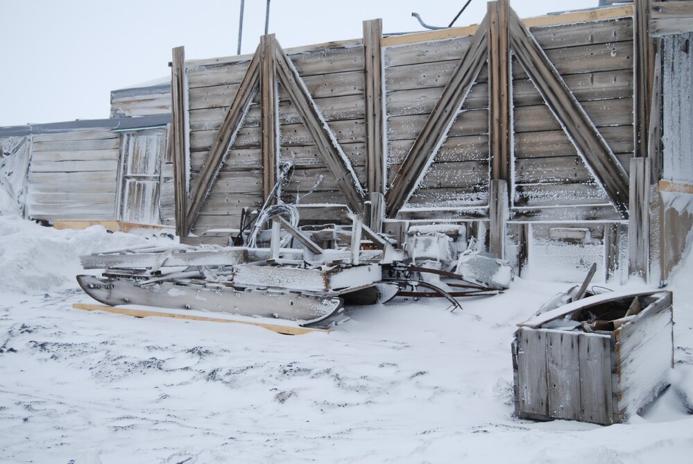 Snow build-up on latrine wall, Scott's 'Terra Nova' hut