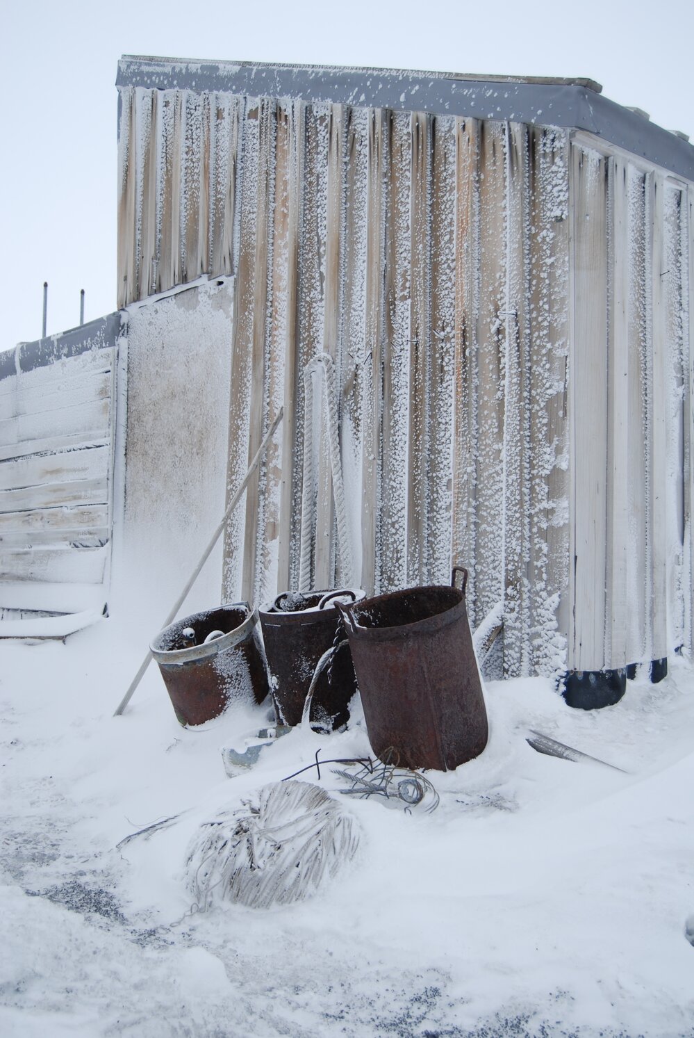 Snow build-up on artefacts and Annexe wall, Scott's 'Terra Nova' hut