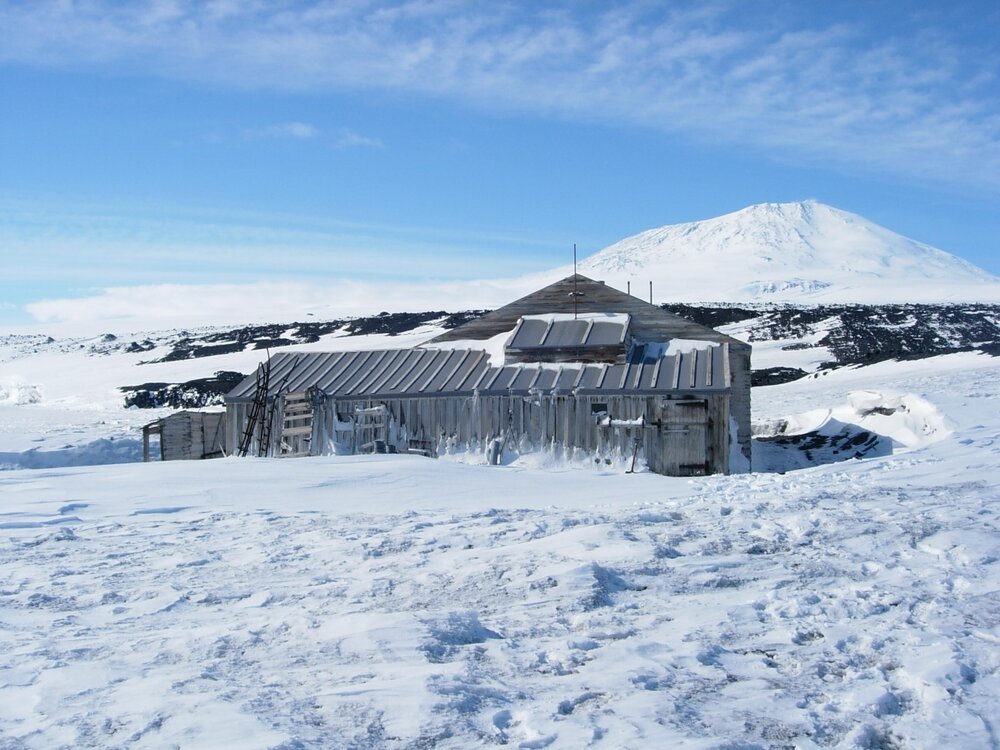 West elevation, Scott's 'Terra Nova' hut and Mount Erebus