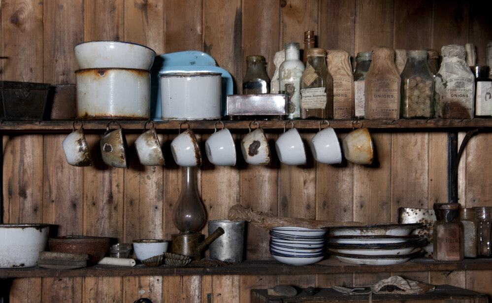 Galley shelf and artefacts, Scott's 'Terra Nova' hut (001)