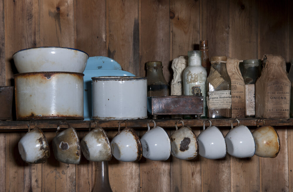 Galley shelf and artefacts, Scott's 'Terra Nova' hut (002)