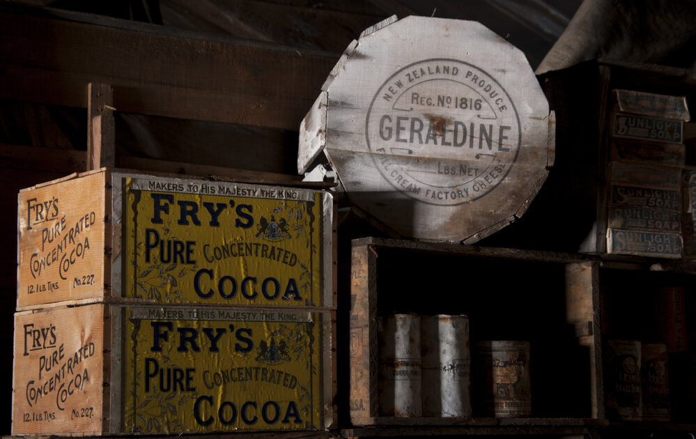 Fry's' Cocoa boxes and 'Geraldine' cheese wheel, Scott's 'Terra Nova' hut