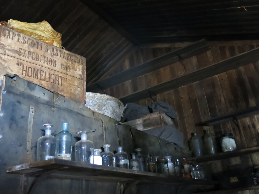 2014-15 Scott's 'Terra Nova' hut, interior, artefacts atop Darkroom
