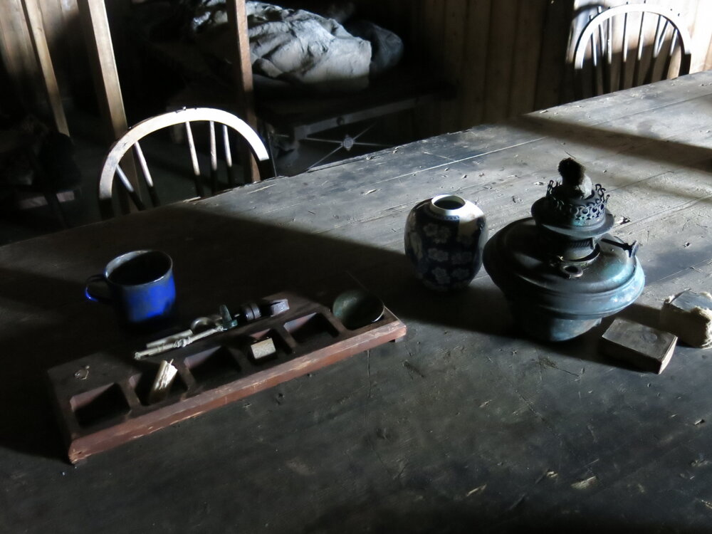 2014-15 Scott's 'Terra Nova' hut, interior, Wardroom table artefacts