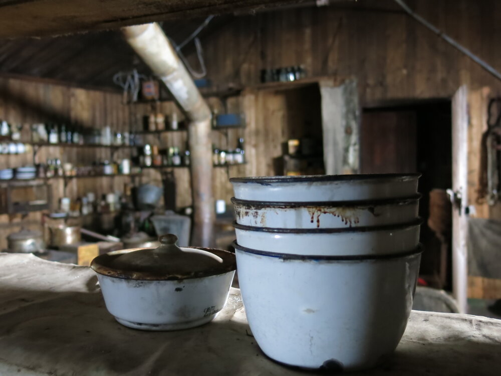 2014-15 Scott's 'Terra Nova' hut, interior, Galley enamelware