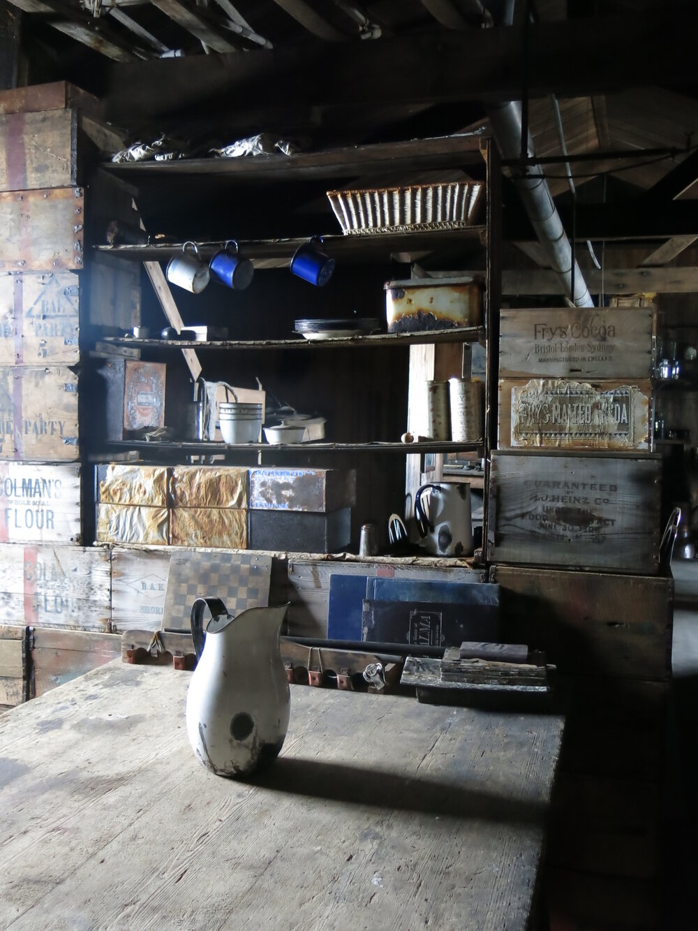 2014-15 Scott's 'Terra Nova' hut, interior, jug on Messdeck table