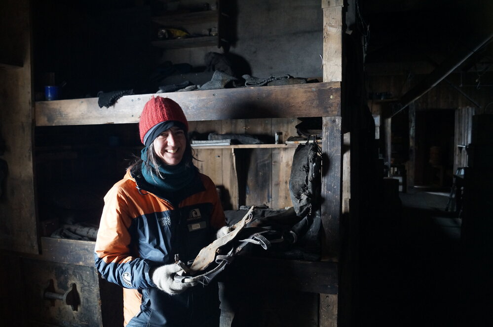 2014-15 Scott's 'Terra Nova' hut, AHT's Lizzie Meek with leather crampons