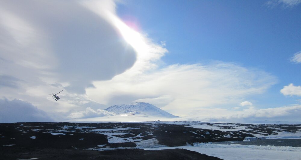 Helicopter and Mount Erebus