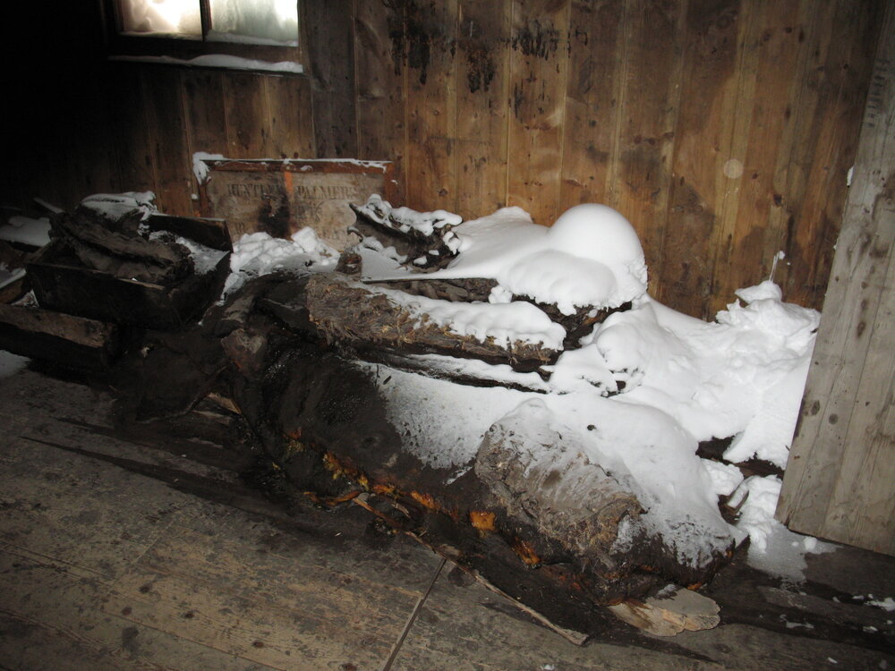 2007 Scott's 'Discovery' hut inspection, interior, snow ingress, blubber stack