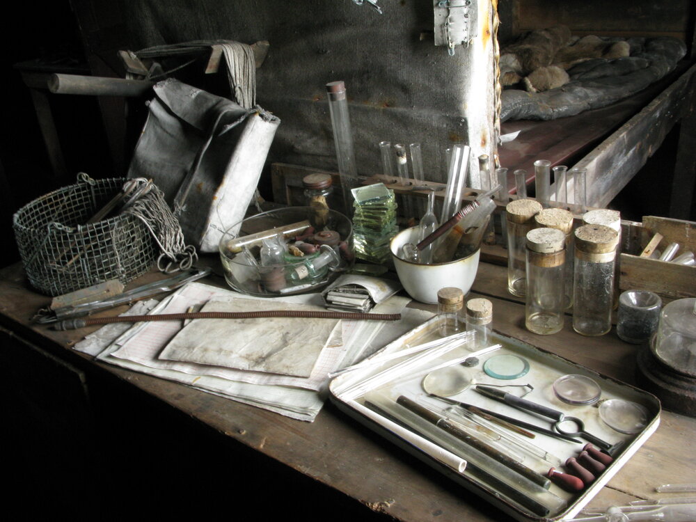 2010-11 Artefacts on the Biology desk inside Scott's 'Terra Nova' hut, Cape Evans