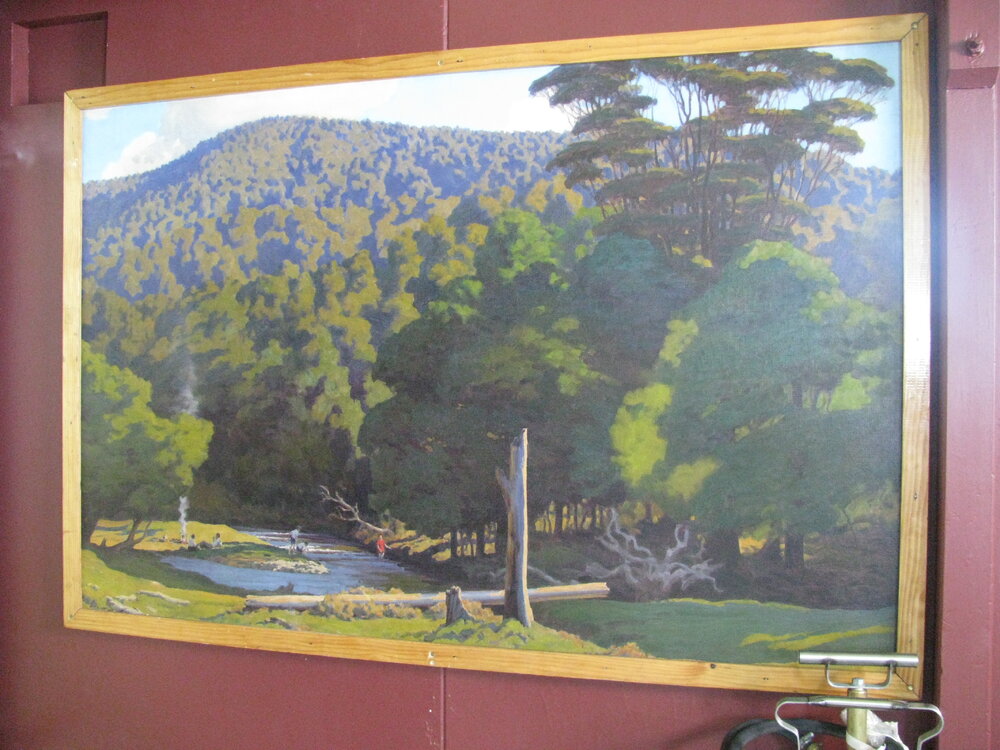 River scene painting by Marcus King, Hillary's TAE/IGY hut (001)