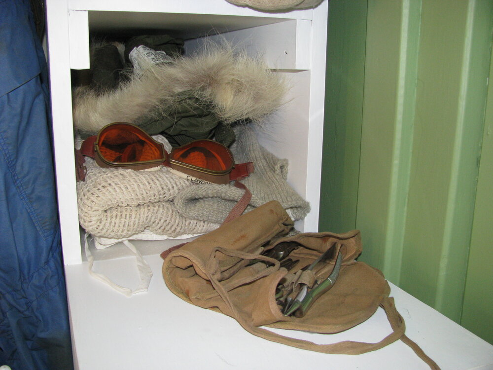 Snow goggles, clothing and tool belt, Hillary's TAE/IGY hut