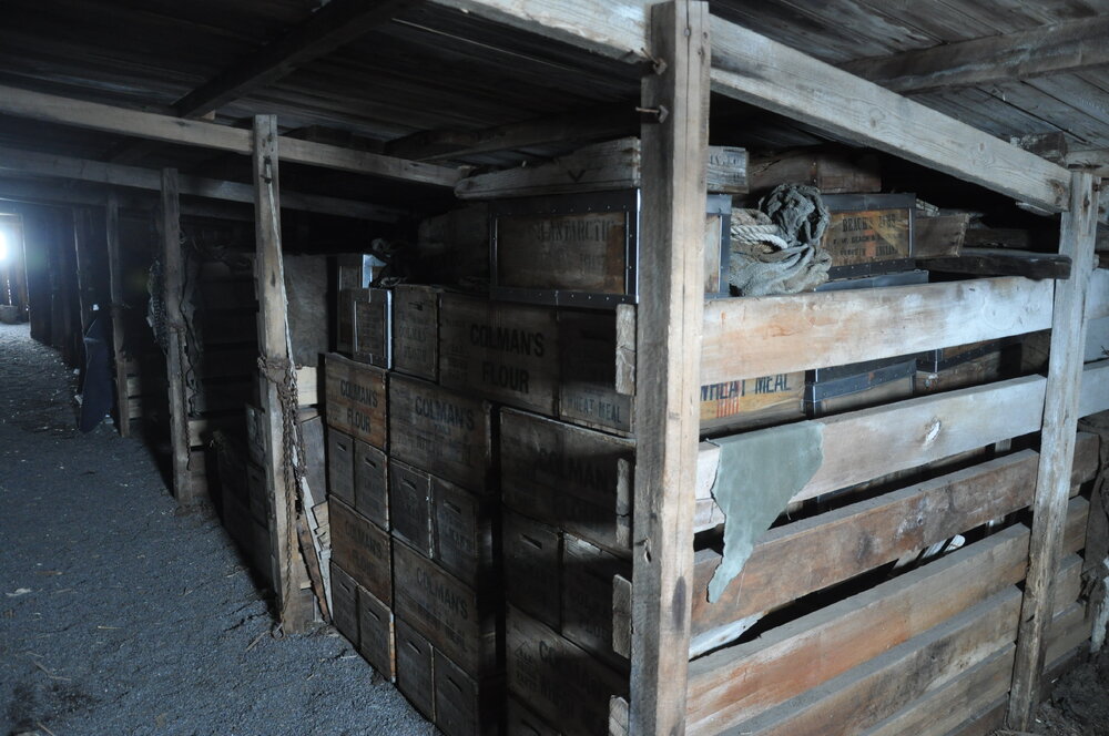 2013-14 Colman's boxes stored in the Stables inside Scott's 'Terra Nova' hut, Cape Evans