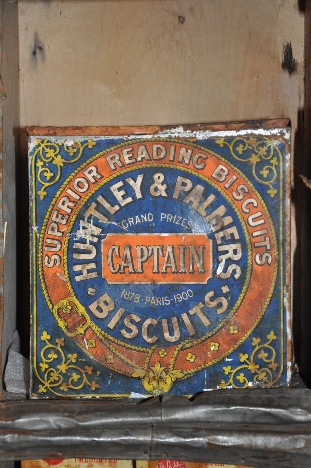 2013-14 Huntley &amp; Palmers box inside Shackleton's 'Nimrod' hut, Cape Royds
