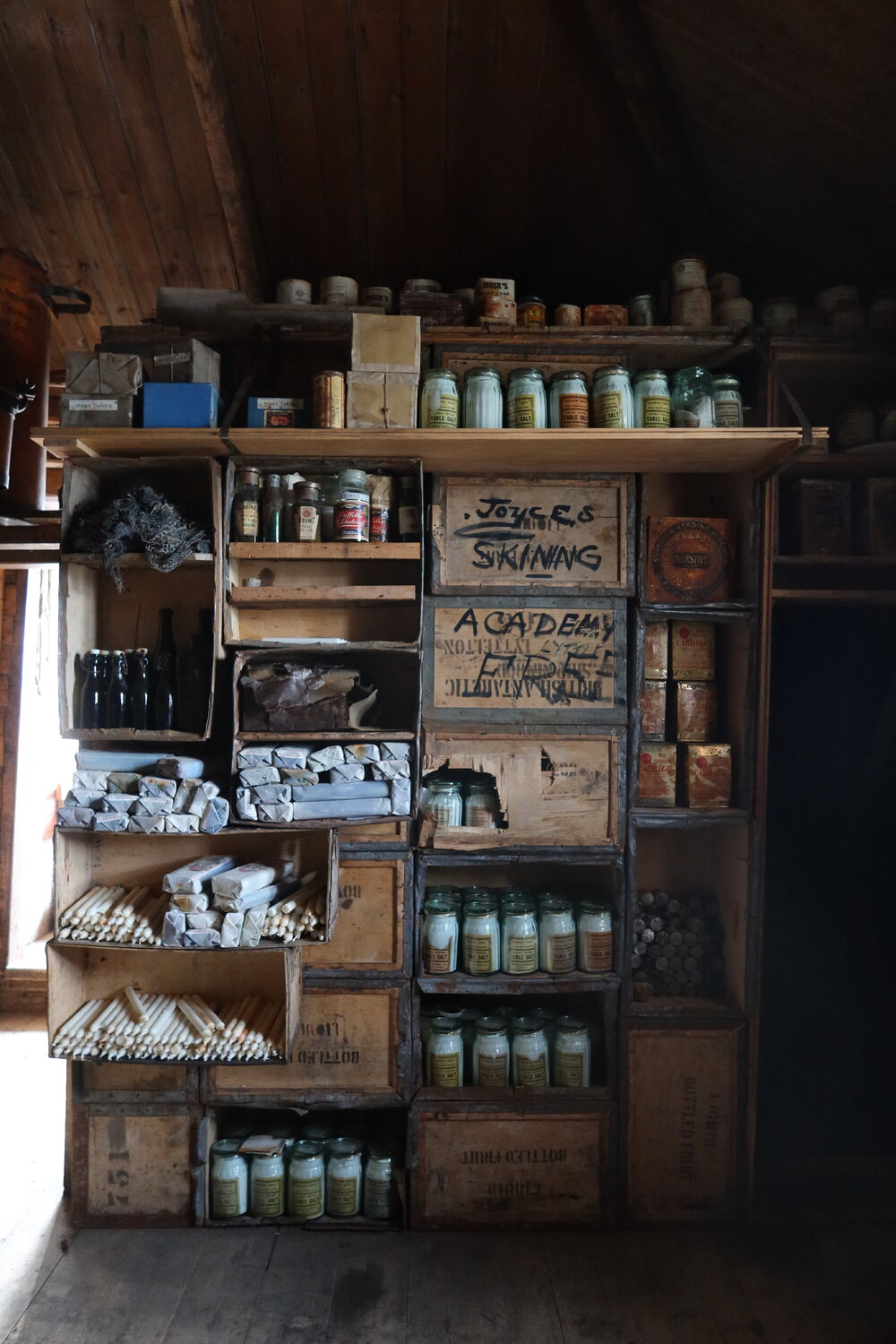 2022-23 Provisions on shelves inside Shackleton's 'Nimrod' hut