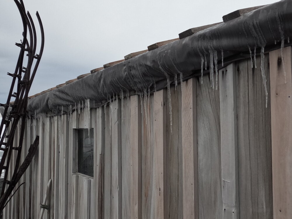 2022 Scott's 'Terra Nova' hut, exterior detail, icicles on West elevation roof flashing