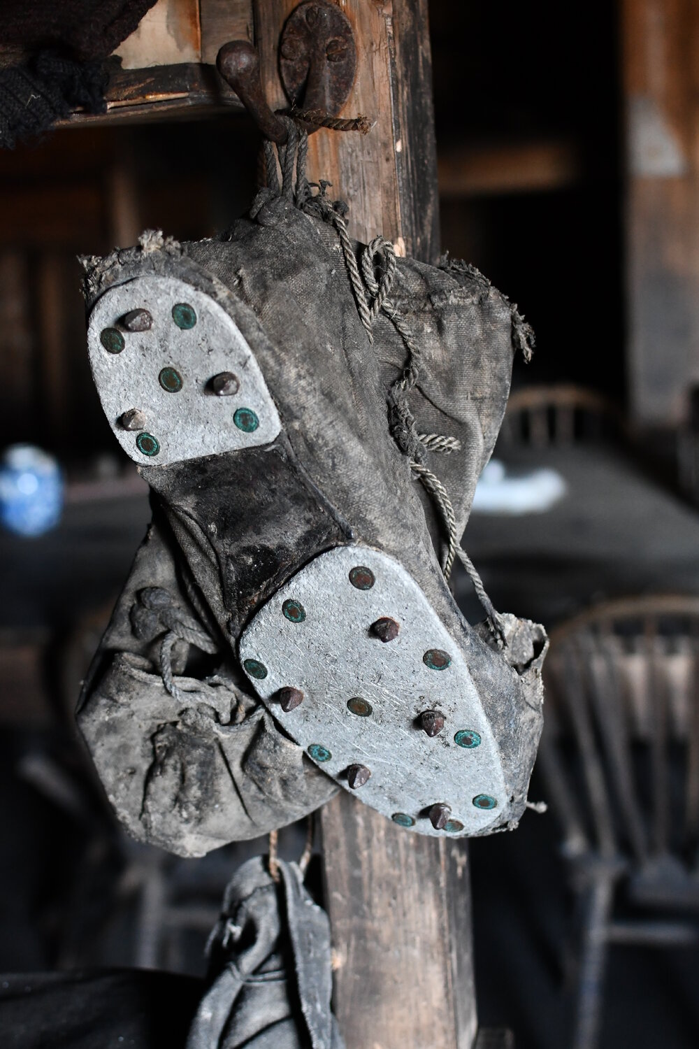 2022 Scott's 'Terra Nova' hut, interior, home-made crampons, Biology area