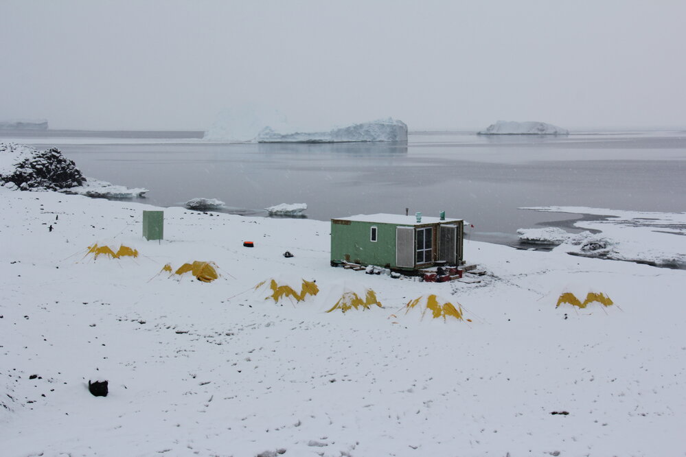 2022 Cape Evans field camp during snowfall