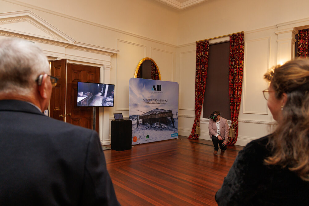 Mark Sanders demonstrating the experience at the launch of the Scott's 'Discovery' hut Virtual Reality Experience