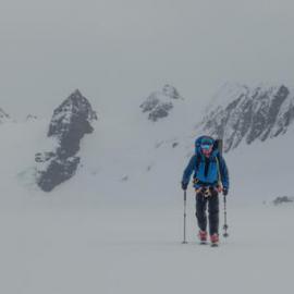 Antarctic Heritage Trust Executive Director Nigel Watson on skis during the crossing of South Georgia