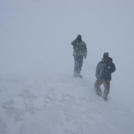 2005 Al Fastier and Robert Clendon during a snow storm at Cape Evans