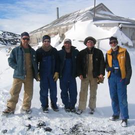 2005 AHT K440 team with Nigel Watson outside Shackleton's 'Nimrod' hut, Cape Royds