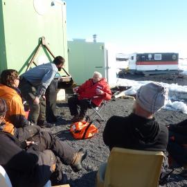 2009-10 Sir David Attenborough with AHT summer conservation team at Cape Evans