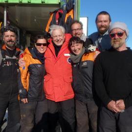 2009-10 Sir David Attenborough with AHT summer conservation team at Cape Evans
