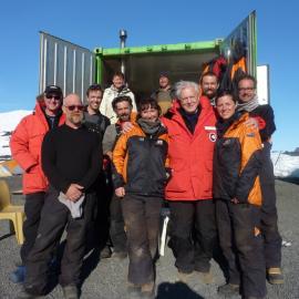 2009-10 Sir David Attenborough with AHT summer conservation team at Cape Evans