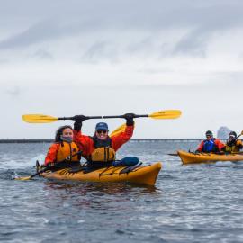 Georgina Archibald and Lana Kiddie-Vai in tandem kayak