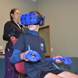 Trying out the Virtual Reality experience of Hillary's Hut (007)