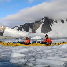 Inspiring explorers A'aifou Kaufusi-Potemani and Owain John kayaking through brash ice