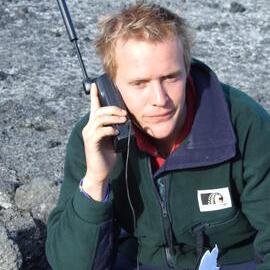 2006-07 James Blake using a satellite phone at Cape Royds