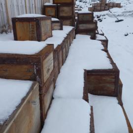 Snow build-up on boxes, Shackleton's 'Nimrod' Hut 