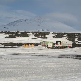 2013-14 AHT containers at the field camp on Home Beach, Cape Evans