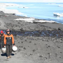 2013-14 Lizzie Meek and Josiah Wagener gathering ice to be melted, Cape Evans