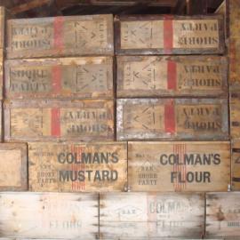 2013-14 Colman's boxes in the bulkhead inside Scott's 'Terra Nova' hut, Cape Evans (001)